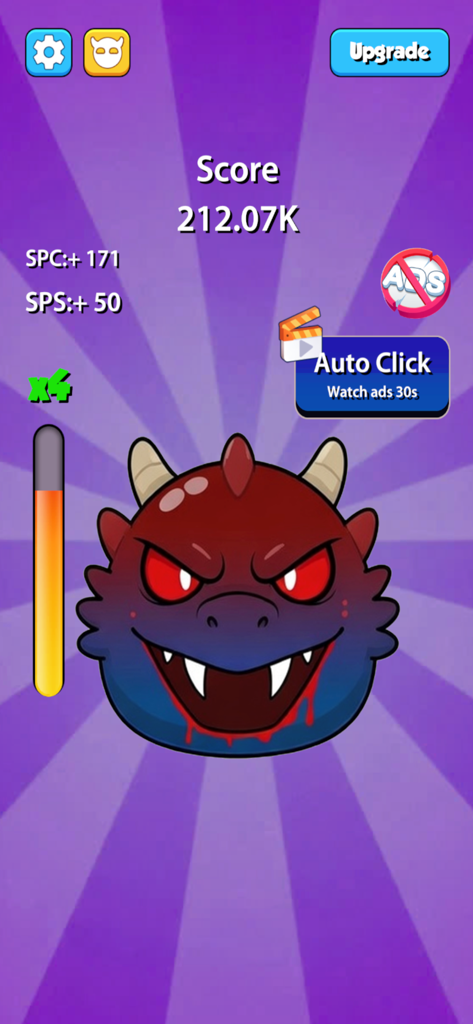 Fun Clicker. - A creepy red monster character with sharp teeth in the Fun Clicker mobile game interface