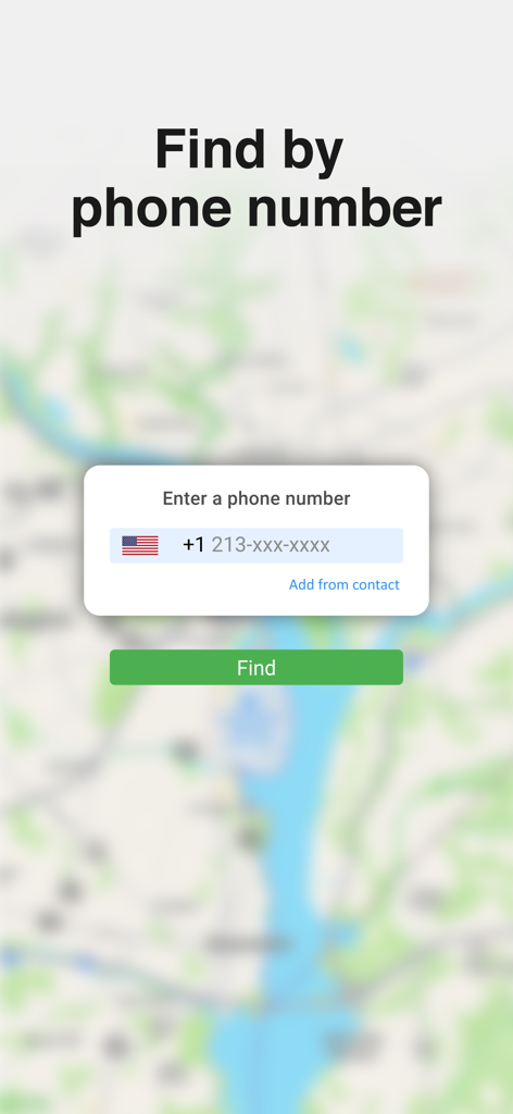 Phone Tracker: Family Locator - Phone Trackerアプリで、電話番号を入力して家族を地図上で探す画面