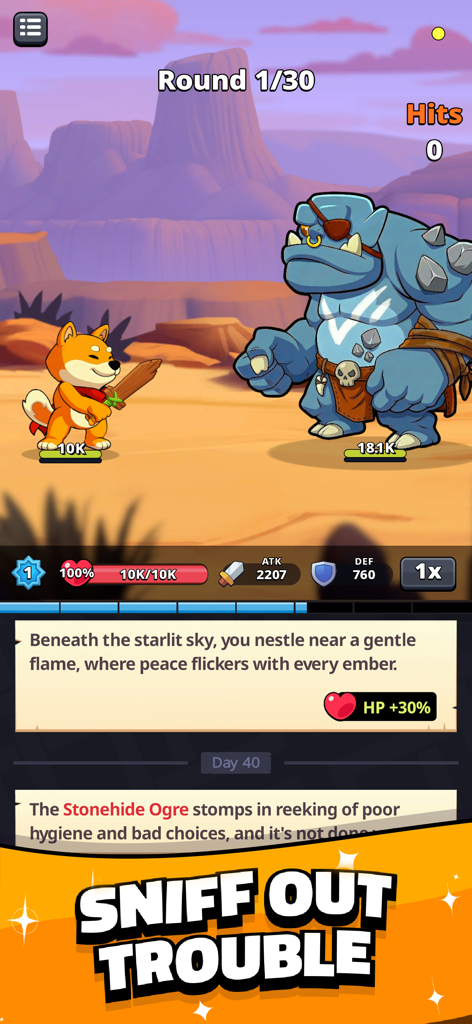 Shiba Story Go! Idle RPG Game - Un personaje Shiba Inu enfrentándose a un ogro gigante de piel de piedra azul en una escena de batalla en el desierto de Shiba Story Go