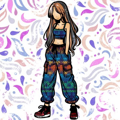 girl in baggy pants crop top and long hair