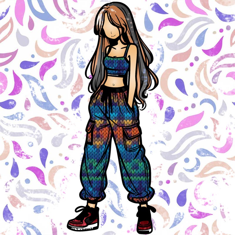 girl in baggy pants crop top and long hair