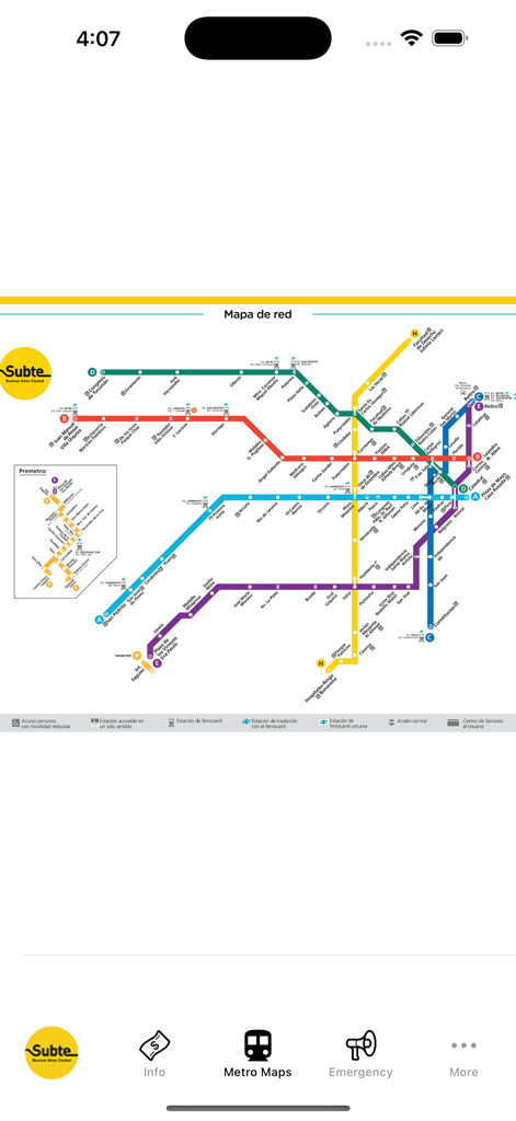 Un mapa detallado de la red del subte de Buenos Aires dentro de la aplicación que muestra todas las líneas y estaciones