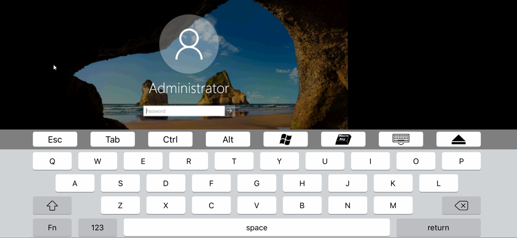 Supermicro IPMIView KVM console showing a remote Windows administrator login screen with integrated virtual keyboard