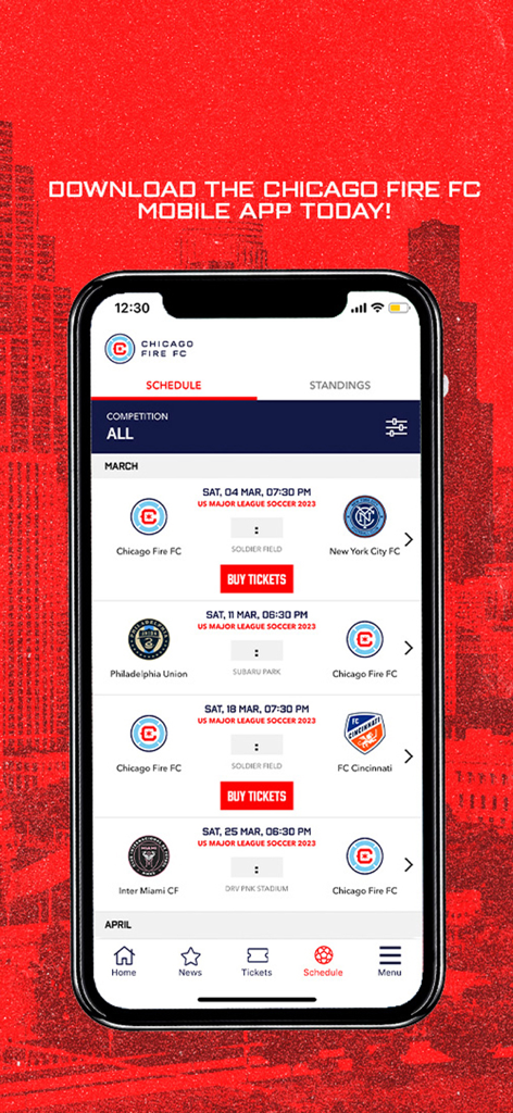 Chicago Fire FC - Interfaz de la aplicación móvil Chicago Fire FC que muestra el calendario de partidos próximos y opciones de compra de entradas