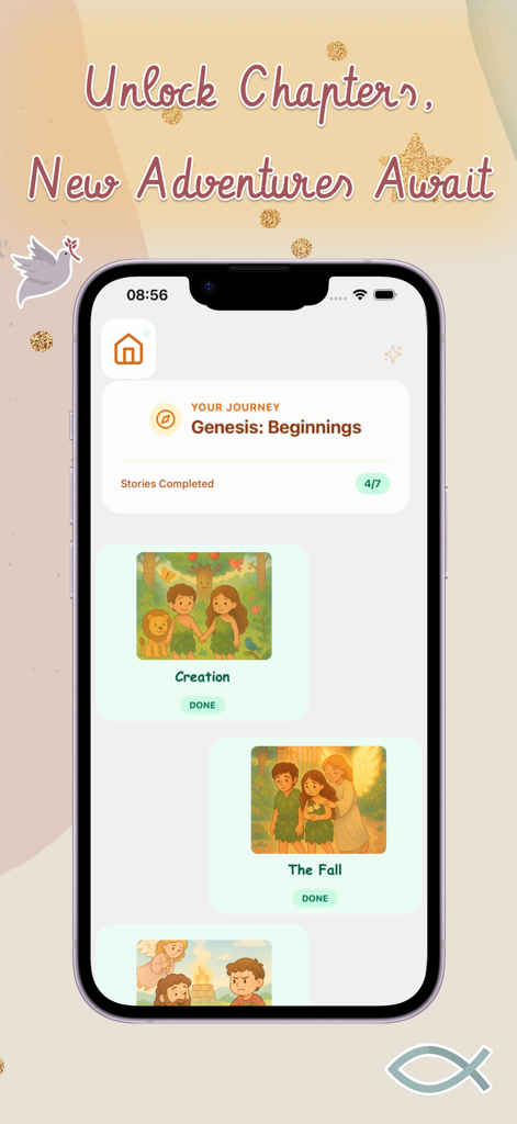 Écran de l'application BibleChatKids affichant une série d'histoires bibliques illustrées de la Genèse, y compris la Création et la Chute.