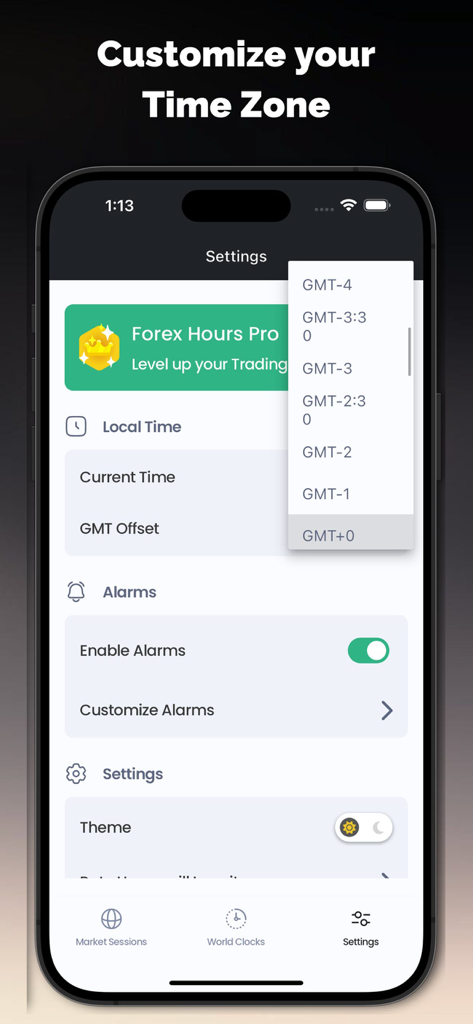 Écran des paramètres de l'application Forex Hours montrant les options pour personnaliser les fuseaux horaires et activer les alarmes de marché