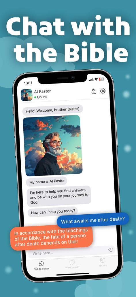 AI Pastor: Christian Chat,Talk - Una pantalla de smartphone que muestra una conversación de chat con un Pastor IA sobre enseñanzas bíblicas.