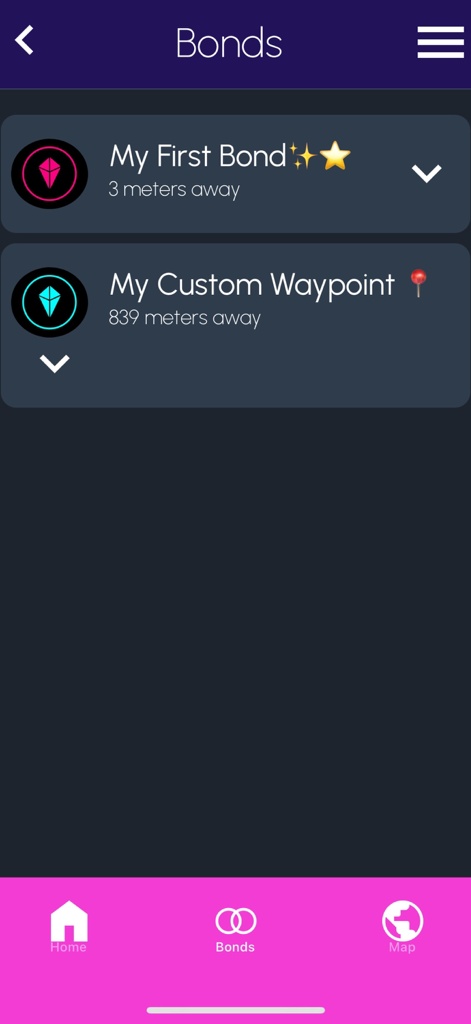 Bonds screen in Totem Compass app displaying distance to a friend and a custom waypoint