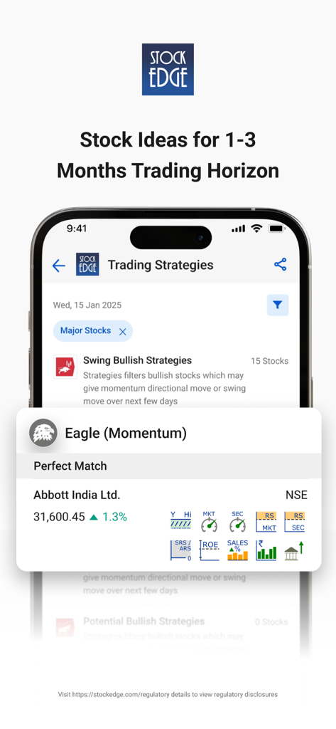 StockEdge mobile app interface displaying swing trading strategies and momentum stock ideas for the Indian stock market.