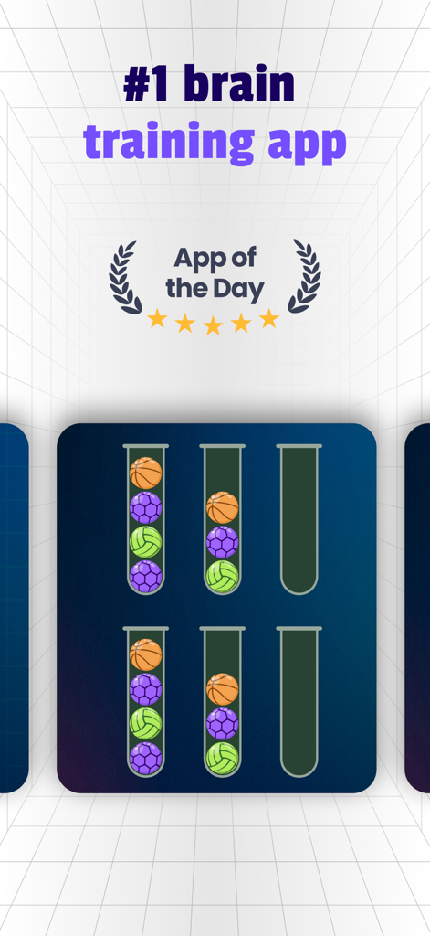 IQ Booster: Brain Games & Test - IQ Booster app screenshot featuring a logic ball sorting game and App of the Day recognition