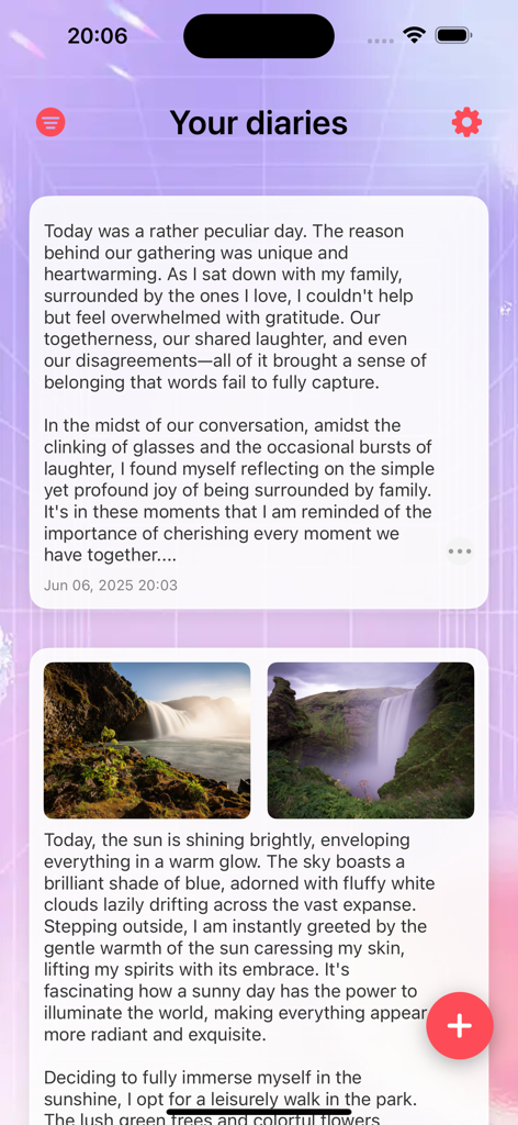 Vevee - Vevee app displaying digital diary entries with text and photos