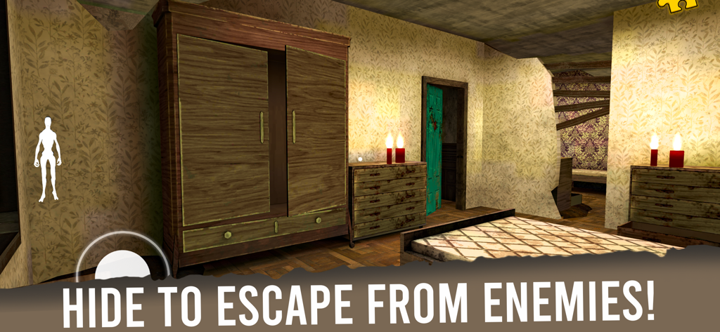 The curse of Emily:Horror Game - Gameplay screenshot of The Curse of Emily horror game showing a bedroom with a wardrobe used for hiding from enemies.