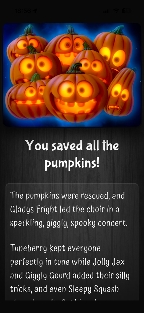 Storyteller Trails - Tela de conclusão no aplicativo Storyteller Trails mostrando um grupo de abóboras brilhantes e texto de história sobre seu resgate.