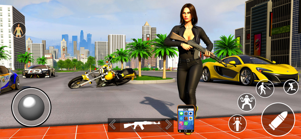 Gangster City Crime Mafia Game - A woman holding a rifle in a city with sports cars and a motorcycle