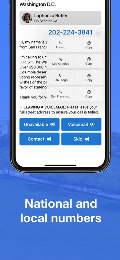5 Calls: Contact Your Congress - Interfaccia dell'app 5 Calls che visualizza i numeri di telefono dei rappresentanti nazionali e locali