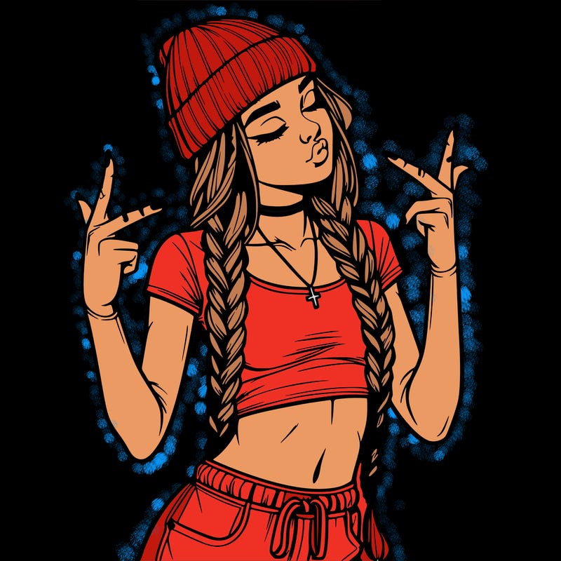 realistic teenage girl with braids and a beanie and crop top doing 🫶🏼