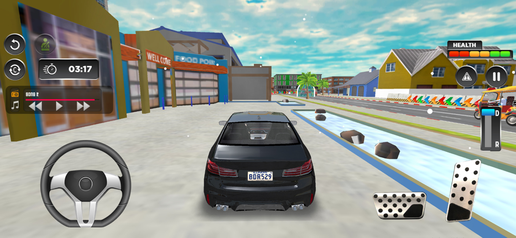 Blick von hinten auf ein schwarzes Auto in einem Fahrsimulationsspiel mit realistischen Bedienelementen