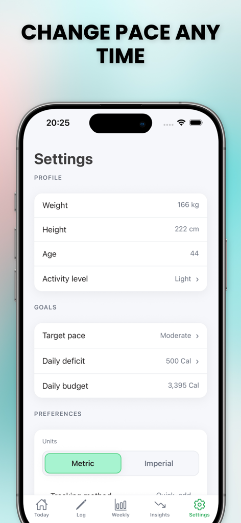 Calorie Deficit Tracker Pro - Tela de configurações do aplicativo Calorie Deficit Tracker Pro mostrando dados do perfil do usuário e metas de orçamento calórico diário.