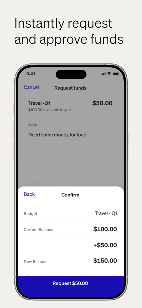 A mobile interface for requesting and approving business funds for travel expenses