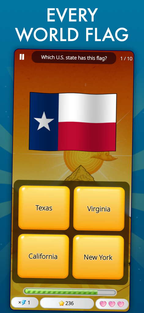 World Geography Trivia Quiz - Una pantalla de juego móvil que muestra una pregunta del cuestionario de banderas de estados de EE. UU. con la bandera de Texas y opciones de respuesta múltiple.