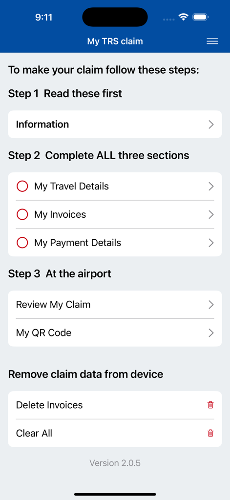 Tableau de bord de l'application du programme de remboursement des taxes touristiques affichant les trois étapes pour effectuer une demande de remboursement de taxes.