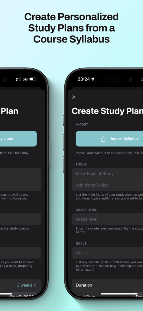 Studybreak: Pomodoro Plan App - Smartphone screens showing the interface to import a syllabus and create a personalized study plan in the Studybreak app.