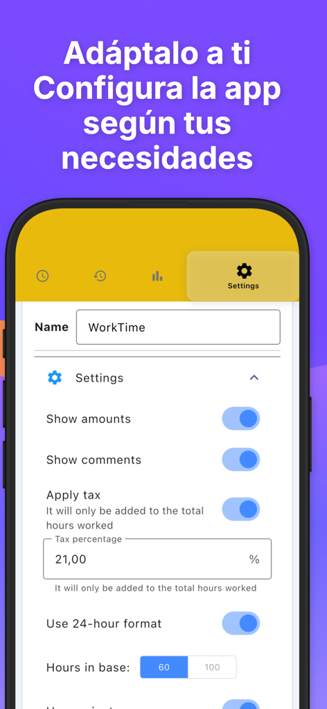 WorkTime: Hours Tracker Log - Interfaz de la configuración de la aplicación WorkTime donde los usuarios pueden personalizar las tasas impositivas y las preferencias de seguimiento del tiempo.