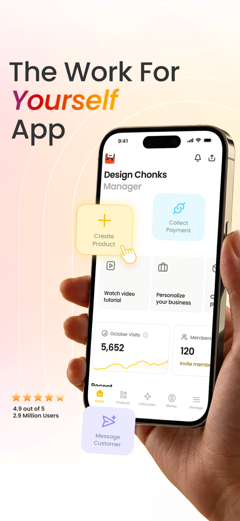Eine Hand hält ein Smartphone mit dem Nas.io App-Dashboard, das Optionen zur Erstellung von Produkten und zur Zahlungsabwicklung anzeigt
