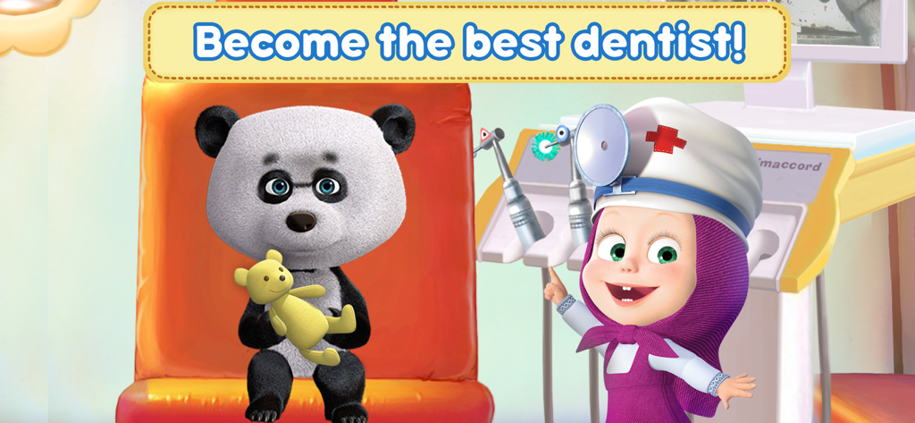 Masha and the Bear Dentist - Masha dressed as a dentist about to treat a panda patient in the Masha and the Bear Dentist game