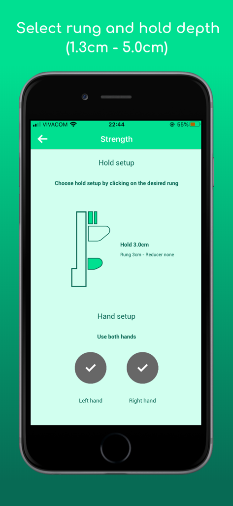 Climbro - Climbro app interface showing hold and hand setup for a finger strength training session on a hangboard