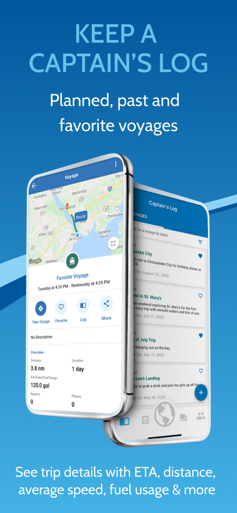 Argo - Boating Navigation - Argo boating navigation app showing Captains Log and voyage details including maps and trip stats.
