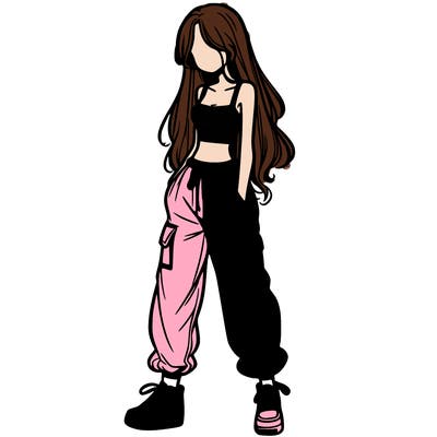girl in baggy pants crop top and long hair