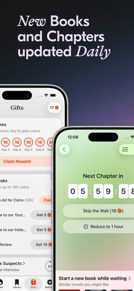 Novelia - Read Original Novels - Novelia app interface showing daily coin rewards and a countdown timer for the next free chapter unlock