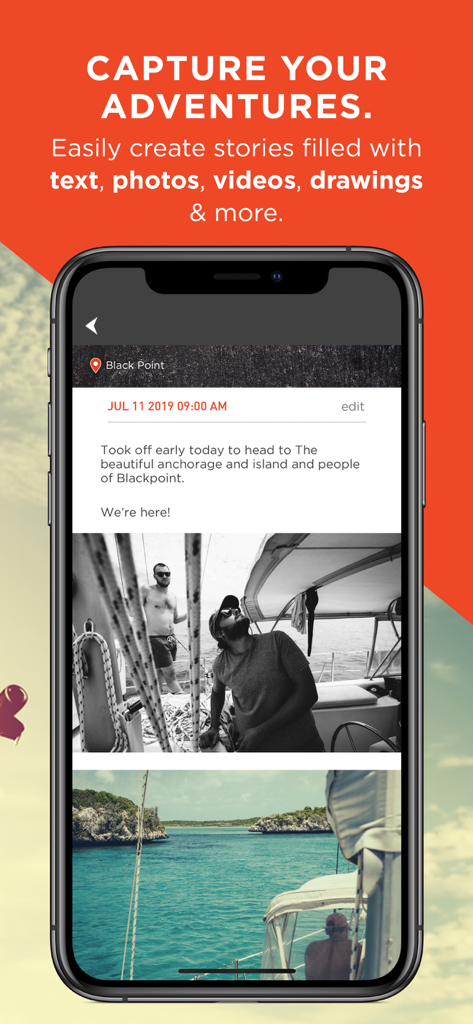 Journo: Travel & Trip Tracker - Smartphone screen of Journo app showing travel notes and photos of a boat trip