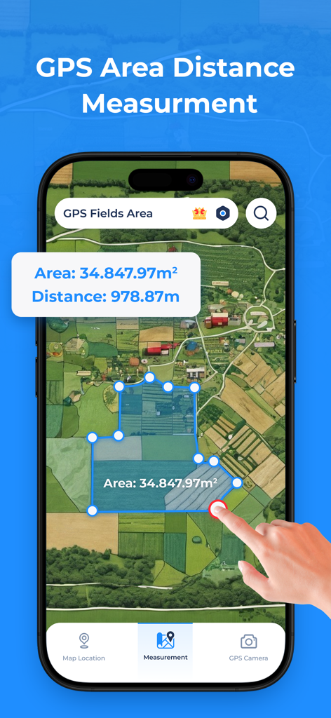 A smartphone app displaying a satellite map with a measured field area and distance calculation.