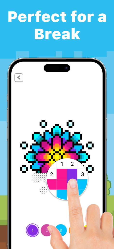 Color by Number AI - A hand coloring a pixel art flower in the Color by Number AI app for a quick break