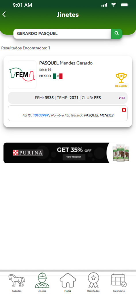 FEM - Equestrian rider profile search results in the FEM mobile application.