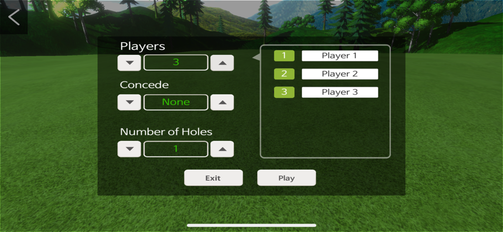Multiplayer game setup screen for InBirdie golf putting simulator