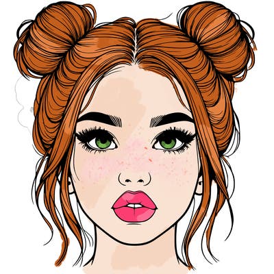 realistic girl with two buns on her hair and lips