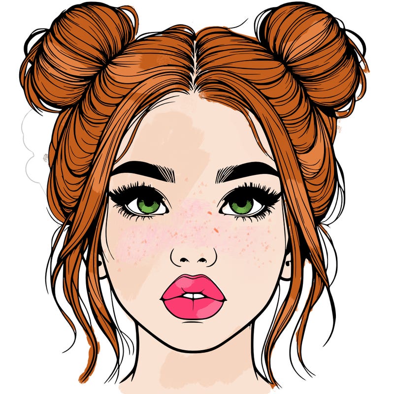 realistic girl with two buns on her hair and lips
