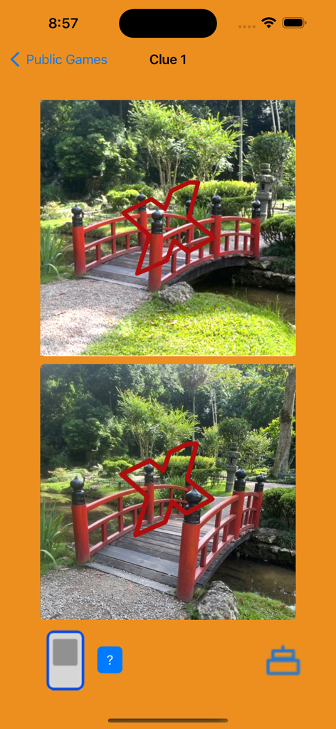 Treasure Hunt By Photos - Treasure Hunt By Photos app screen showing a photo matching clue with a red bridge