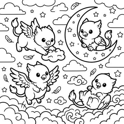 Discover an enchanting scene of Kawaii Griffin Hatchlings ready for your creative touch. This delightful coloring page features these cute mythical babies soaring through clouds and stars, perfect for a whimsical coloring session.