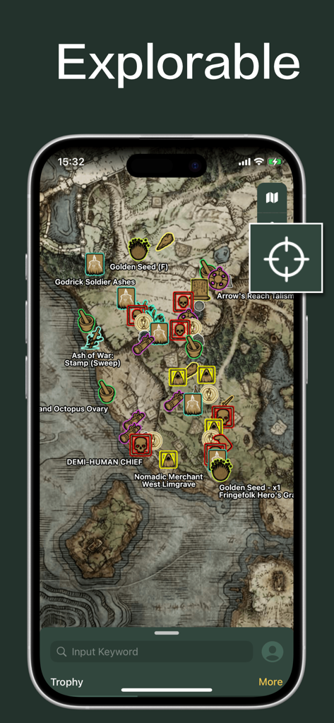 Un mapa interactivo de Elden Ring en un iPhone que muestra varios iconos del juego y ubicaciones de objetos