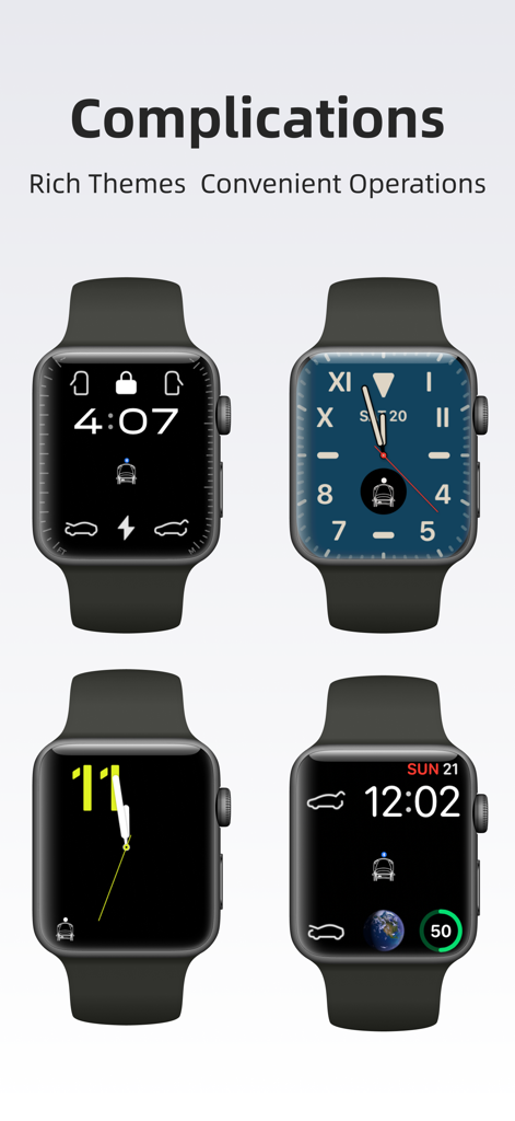 Four Apple Watch faces displaying various themes and complications for Tesla vehicle controls.