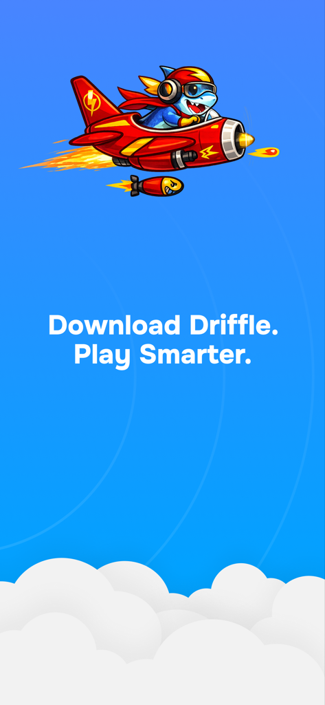 Pantalla promocional de Driffle Marketplace con una mascota tiburón volando un cohete rojo y el lema Descarga Driffle Juega Más Inteligentemente