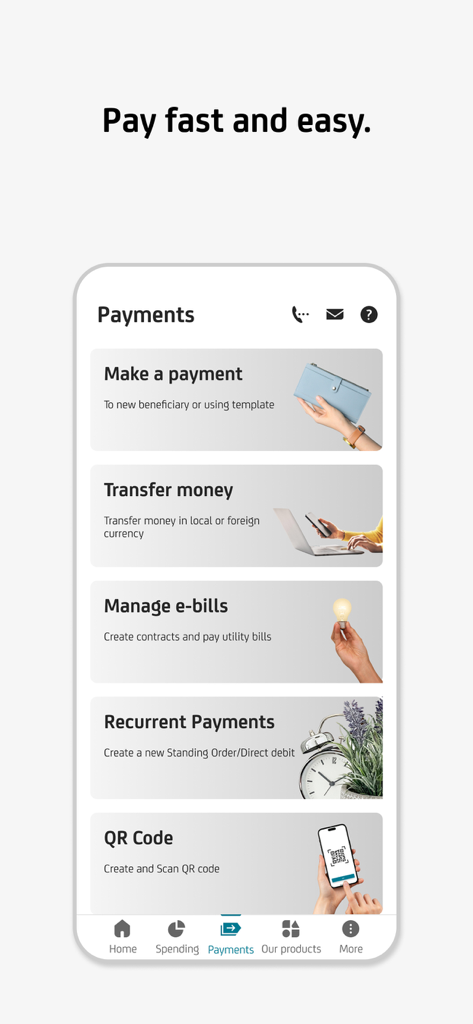 Interface da aplicação móvel m-bank da UniCredit com várias opções de pagamento, como transferências de dinheiro e gestão de faturas eletrónicas.