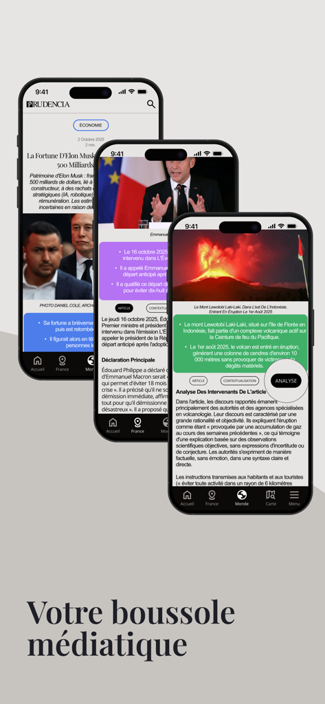 Prudencia - Three smartphones displaying the Prudencia app interface with AI-generated news summaries and factual articles about global events.