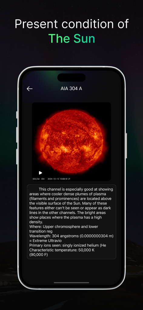 Aurora Alerts & Forecast - A smartphone display showing real-time scientific solar plasma data and a heat map of the sun's surface for aurora forecasting.