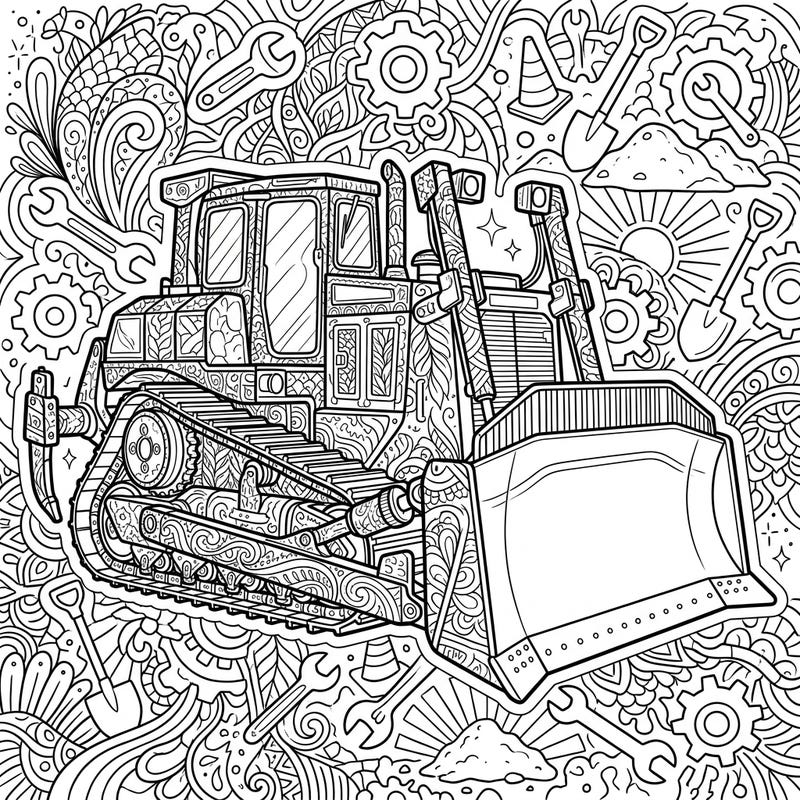 Dive into the fascinating world of construction with this unique Zentangle bulldozer coloring page. Experience the meditative joy of filling intricate patterns on a powerful machine and its dynamic background.