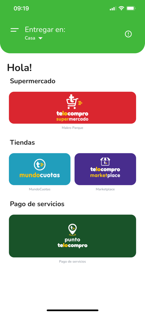 TeLoCompro - Main screen of the TeLoCompro app showing categories for supermarket marketplace installments and bill payments